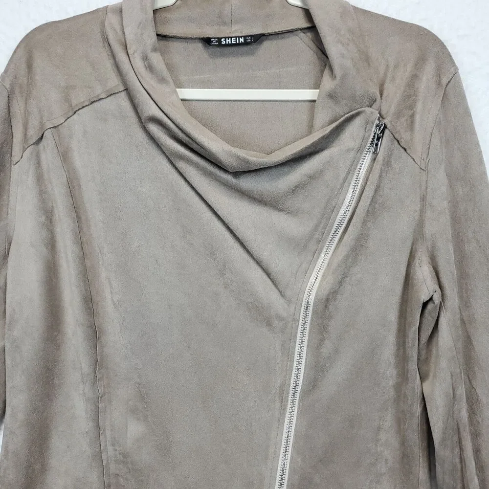 Shein Drape Neck Inside Out Blazer Top Women L Long Sleeves Front Zip Taupe - Picture 12 of 13